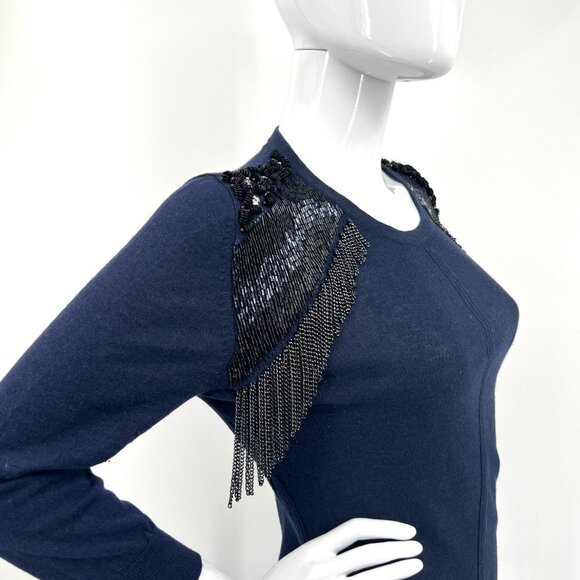 AnnaRita N Knit Couture Blue Pullover Sweater with Beaded Shoulders Chain Fringe - Picture 7 of 9